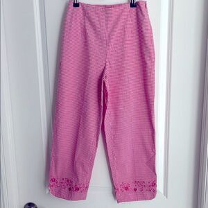 Talbots Petite VTG Pink Checkered pant Hand sewn Floral Embroidery Hong Kong